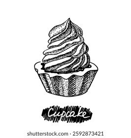 Hand drawn illustration of cupcake. Dessert templates collection for menu design, flyers and brochures. Engraving style hand drawn sketch, vector illustration.