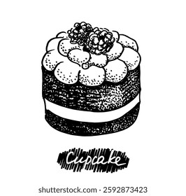 Hand drawn illustration of cupcake. Dessert templates collection for menu design, flyers and brochures. Engraving style hand drawn sketch, vector illustration.