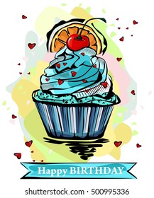 Hand drawn illustration of cupcake with orange, cherry and hearts, happy birthday card