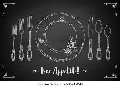 Hand Drawn Illustration Of Curly Ornamental Silver Tableware, Plate A Black Chalkboard Background. Table Setting Set. Hand Drawn Design Element. Sketch, Vintage. Vector Illustration