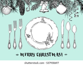 Hand drawn illustration of curly ornamental silver tableware, plate a turquoise background. Frame with hand drawn elements: branches of fir, streamers, bell, Christmas ball. Vector Illustration