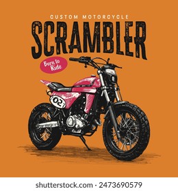 Hand drawn illustration of a custom scrambler motorcycle parked on a colored background.