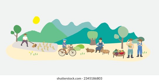 Hand drawn illustration of cute Asian farmer's life