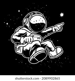 Hand drawn illustration of cute astronaut flying on outer space in black white color.