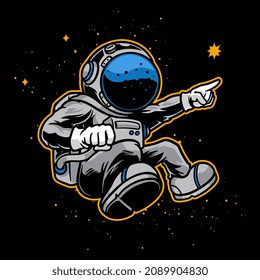 Hand drawn illustration of cute astronaut flying on outer space in grey, blue and golden color.