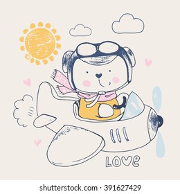 hand drawn illustration of cute baby bear on airplane/can be used for kid's or baby's shirt design/fashion print design/fashion graphic