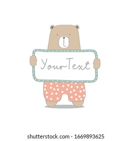 Hand drawn illustration of cute bear holds the editable text board