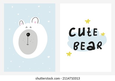 Hand drawn illustration with cute  bear. Cartoon characters animals. Lettering