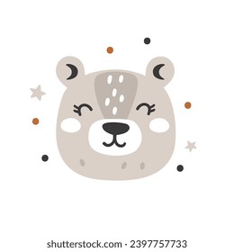 Hand drawn illustration with cute bear face in stars. Vector animal character for poster, card, logo, nursery wall, kids room decor.