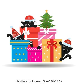 Hand drawn illustration of cute black cats in Santa hat and gift boxes on white background.