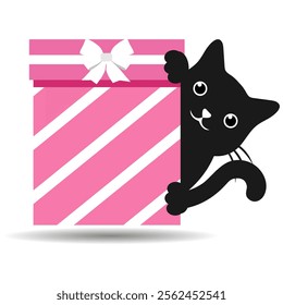 Hand drawn illustration of cute black cat with gift box with shadow on white background.