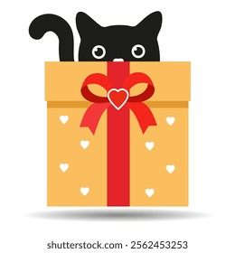 Hand drawn illustration of a cute black cat in a gift box with hearts on a white background.