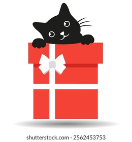 Hand drawn illustration of a cute black cat sitting in a red gift box on a white background.