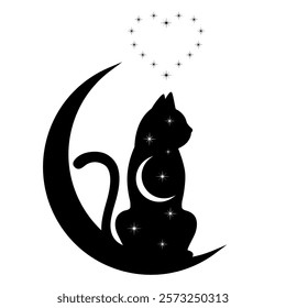 Hand drawn illustration of a cute black cat on a crescent moon with stars on a white background.