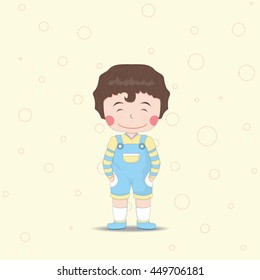 Hand drawn illustration of a cute boy.Can be used like greeting or postal card.Vector illustration.Background with circles.