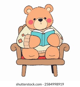 A hand drawn illustration of a cute brown bear sitting on a wooden chair, holding a book with a focused expression. The bear has round ears, soft fur, and an oversized sweater. The setting is minimal 