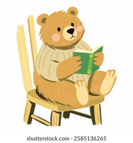 A hand drawn illustration of a cute brown bear sitting on a wooden chair, holding a book with a focused expression. The bear has round ears, soft fur, and an oversized sweater. The setting is minimal 