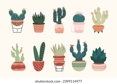 Hand drawn Illustration of cute cactus collection 