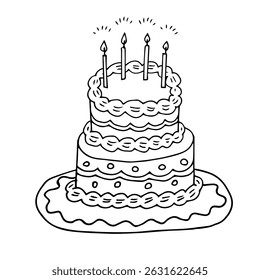Hand drawn illustration of a cute cake. Anniversary cake celebrating a wedding or birthday. Clip art of girly atmosphere.