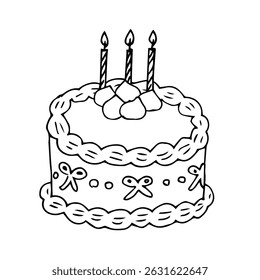 Hand drawn illustration of a cute cake. Anniversary cake celebrating a wedding or birthday. Clip art of girly atmosphere.