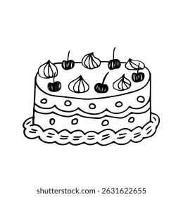 Hand drawn illustration of a cute cake. Anniversary cake celebrating a wedding or birthday. Clip art of girly atmosphere.