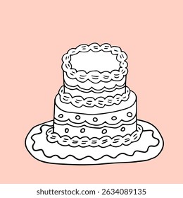 Hand drawn illustration of a cute cake. Anniversary cake celebrating a wedding or birthday. Clip art of girly atmosphere.