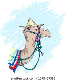 Hand drawn illustration of cute camel in a straw hat.