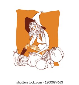 Hand drawn illustration of cute cartoon witch with harvest of pumpkins
