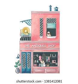 Hand drawn illustration of cute cartoon antiques shop