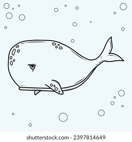 Hand drawn illustration of a cute cartoon whale with bubbles