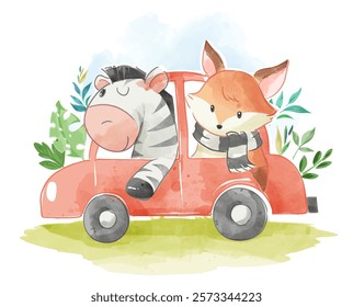 hand drawn illustration cute cartoon animal riding on a car 