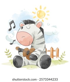 hand drawn illustration of cute cartoon zebra playing guitar 