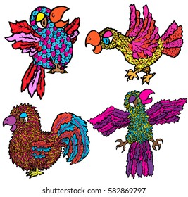 Hand Drawn Illustration of Cute Cartoon Birds