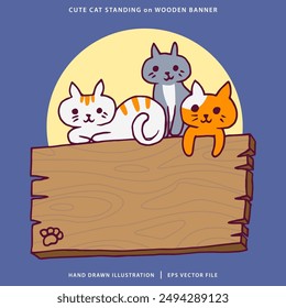 Hand Drawn Illustration of Cute Cat standing on wooden banner