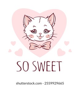 Hand drawn illustration of a cute cat face with a bow and hearts in a soft color scheme