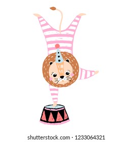 Hand drawn illustration with cute circus lion acrobat.