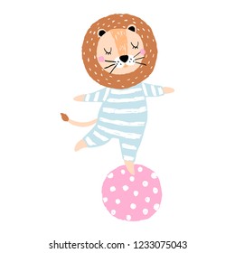 Hand Drawn Illustration With Cute Circus Lion On Pink Bowl.