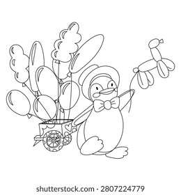 Hand drawn illustration of a cute circus penguin selling balloons from a cart and holding a balloon dog isolated on a white background. Contour line art doodle, perfect for kids page or festival card