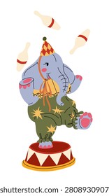 Hand drawn illustration of cute circus elephant juggling clubs on podium isolated on a white background. circus performance. Flat contour artwork, perfect for kids celebration card or festival design