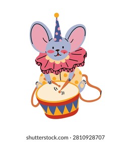 Hand drawn illustration of a cute circus mouse playing the drum isolated on a white background. The drummer. Flat color artwork, perfect for kids birthday celebration card or festival design