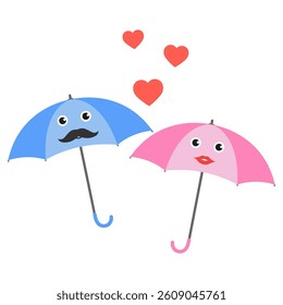 Hand drawn illustration of cute couple in love holding umbrellas with hearts on white background