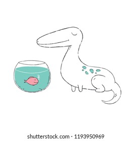 Hand drawn illustration of a cute  dino sitting near the aquarium with a small fish.