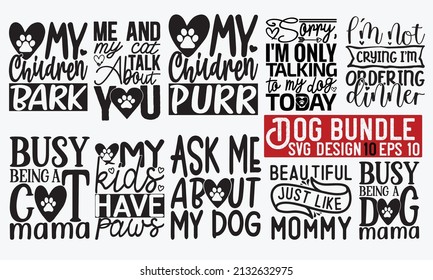 Hand drawn illustration with cute dod, dog stuff, gold medal, paw print, dog food and bone. Love is wet nose and wagging tail. Cute quote about dog.