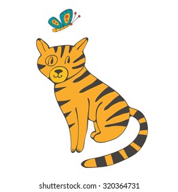 Hand drawn illustration of cute domestic cat and butterfly in vector format