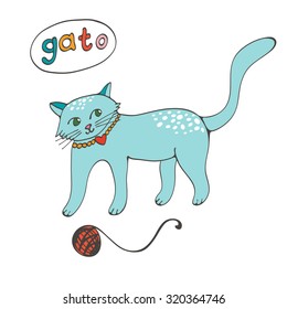 Hand drawn illustration of cute domestic cat  with word GATO that means Cat in Portuguese. Illustration in vector format