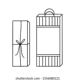 A hand drawn illustration of a cute doodle goft, present,  bag, wrap paper. Outline graphic clipart of a  holiday presents.