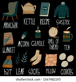 Hand drawn illustration, cute doodle sketchy elements. Illustration with cute things and objects for home interior, books, socks, candle. Flat style hand drawn elements.