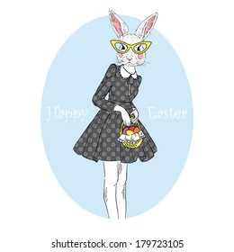 Hand drawn illustration of cute easter bunny girl in colors