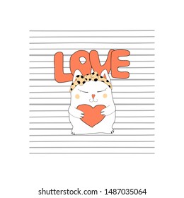 Hand drawn illustration of a cute falling in love white cat for t-shirt printing