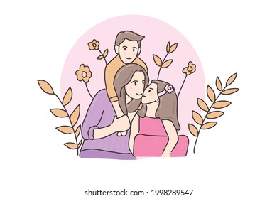 Hand drawn illustration cute family mother and two kids play